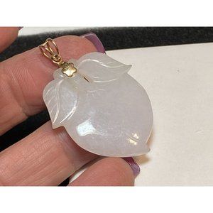 14k Yellow Gold Carved White Jade Peach Shaped Pendant
